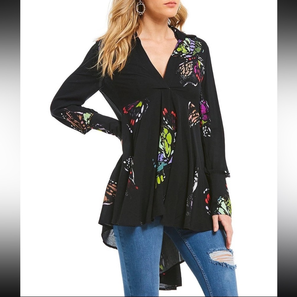 Free People "Field of Butterflies" tunic blouse or dress sz XS oversized